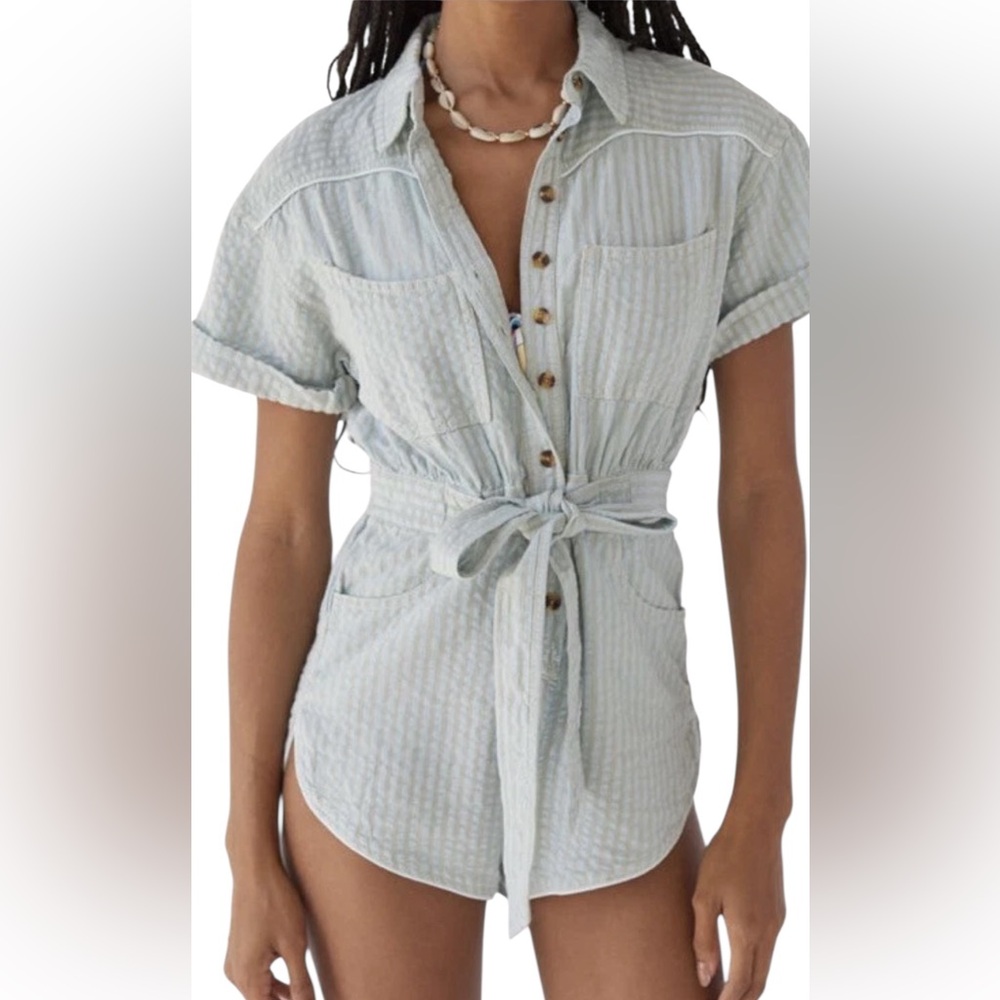 🆕 💙 NWT URBAN OUTFITTERS BDG Light Blue Devon Linen Romper | Women’s Size Small